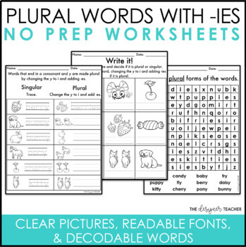 Preview of NO PREP Plural Nouns Change Y to IES Worksheets Word Work Activities Practice