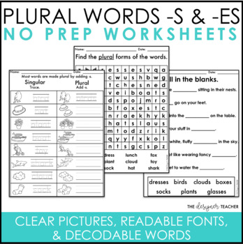 Preview of NO PREP Regular Plural Nouns With -S and -ES Worksheets Word Work Practice