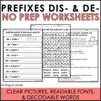 Preview of NO PREP Prefixes DIS- and DE- Worksheets