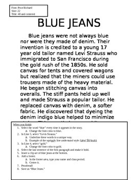 Preview of NO PREP Printable Typing Assignment (20 minute activity) "Blue Jeans"