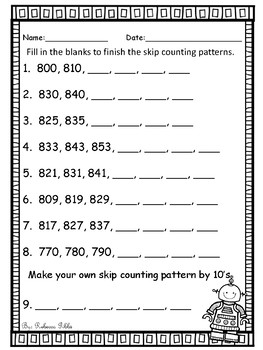 no prep skip counting worksheets to 1000 forwards and backwards by 10 s