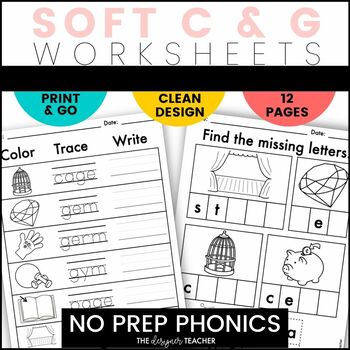 Preview of NO PREP Soft C and Soft G Phonics Worksheets Soft Letters Word Work Activities