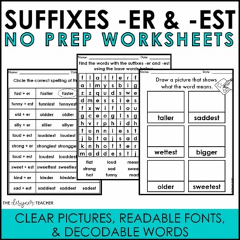 Preview of NO PREP Suffixes ER & EST Worksheets Comparative Superlative Adjectives Practice
