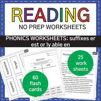 Preview of NO PREP Suffixes er est or ly able en : Phonics Worksheets & Decodable Text
