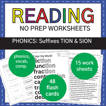 Preview of NO PREP Suffixes - tion - sion : Phonics Worksheets & Decodable Passage