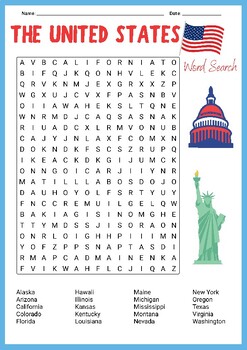 NO PREP THE UNITED STATES WORD SEARCH PUZZLE GAME WORKSHEET ACTIVITY