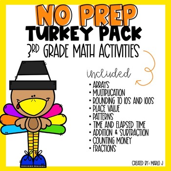 Preview of NO PREP Thanksgiving Math Worksheets for 3rd Grade
