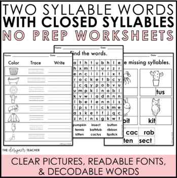 Preview of NO PREP Two Syllable Words with Closed Syllables Worksheets VCCV Syllable Types