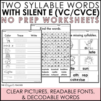 Preview of NO PREP Two Syllable Words with Silent E Worksheets VC/CVCE Type Activities