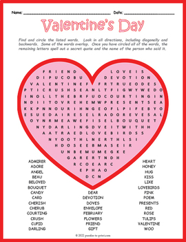 Preview of  (3rd, 4th, 5th & 6th Grade) VALENTINE'S DAY Word Search Worksheet Activity