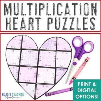 Preview of MULTIPLICATION Heart Puzzles: Mother's Day Math Craft Activity Worksheet