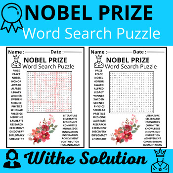 NOBEL PRIZE Word Search Puzzle Worksheet Activity TPT