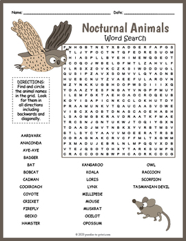 Nocturnal Animals Worksheet Teaching Resources | TPT
