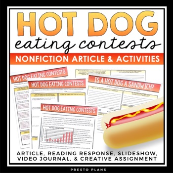 Preview of Nonfiction Reading Comprehension Article and Activities - Hot Dog Competitions