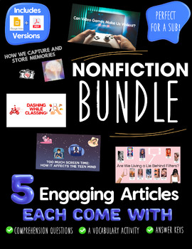 Preview of NONFICTION BUNDLE- 5 ARTICLES + COMPREHENSION AND VOCABULARY (GRADES 6-8)