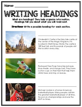 Preview of NONFICTION TEXT FEATURES: Title and Heading (Write Your Own Heading Activity!)