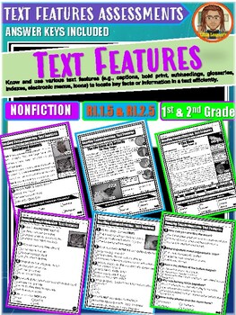 Preview of NONFICTION Text Features Assessments | Reading Comprehension 1-2nd Grade RI2.5