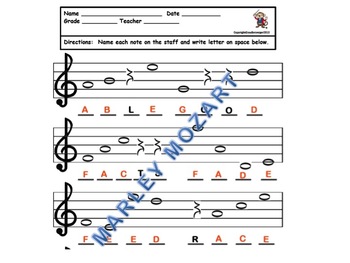 Preview of NOTE SPELLER WORKSHEET TREBLE STAFF- GREAT FOR ASSESSING OR MUSIC SUBSTITUTES!