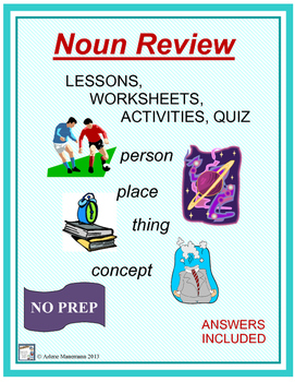 Preview of NOUNS Review Lessons, Worksheets, Activities, and Quiz