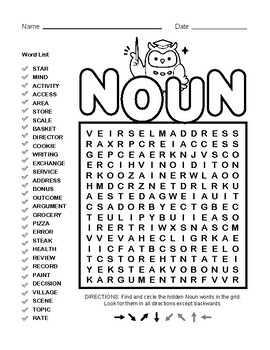 NOUNS Word Search Puzzle Worksheet 50 by 99 Worksheets | TPT