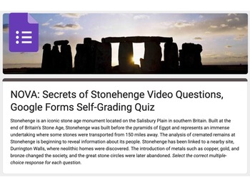 Preview of NOVA: Secrets of Stonehenge Video Questions, Google Forms Self-Grading Quiz