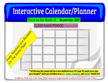 Preview of NOVEMBER 2021 Interactive Calendar * Lesson Planner For any Class Google Slides