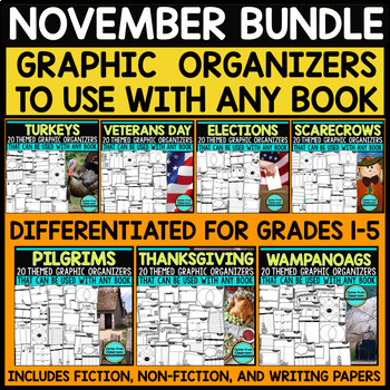 Preview of NOVEMBER READING COMPREHENSION Activities Graphic Organizers ANY BOOK or PASSAGE