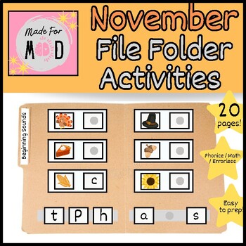 Preview of NOVEMBER File Folder Activities | Thanksgiving | Math, ELA, Errorless Tasks