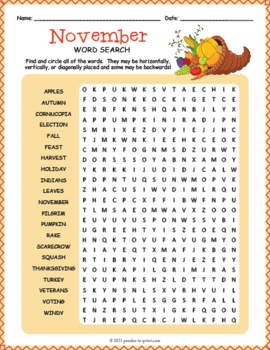 Preview of NOVEMBER No Prep Word Search Puzzle Worksheet Activity