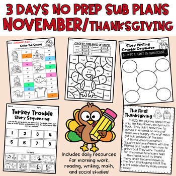 Preview of NOVEMBER SUB PLANS: 3 Days No Prep Sub Plans 2nd Grade Thanksgiving Fall Turkey