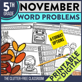 NOVEMBER WORD PROBLEMS Math 5th Grade Fifth Activities Wor