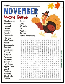 Preview of NOVEMBER Word Search Puzzle Worksheet Activity