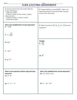 Preview of N.RN.1,2,3 Pre AND Post Assessment/Test Algebra 1 Common Core