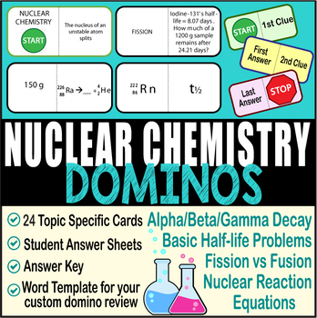 Preview of NUCLEAR CHEMISTRY ~DOMINO REVIEW~ 24 Cards + Answer Sheets + Key