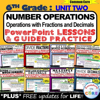 Preview of FRACTIONS & DECIMALS OPERATIONS : 6th Grade PowerPoint Lessons & Practice BUNDLE