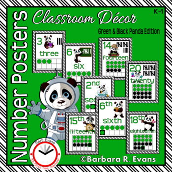 Preview of NUMBER POSTERS 0-20 Cardinal Ordinal Panda Theme Classroom Decor Green Black