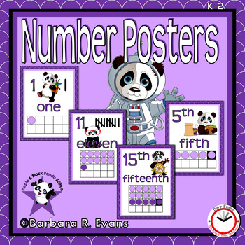 Preview of NUMBER POSTERS 0-20 Cardinal Ordinal Purple Panda Theme Classroom Decor