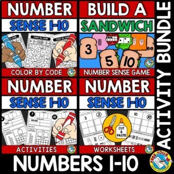 Preview of NUMBER SENSE TO 10 PRACTICE WORKSHEETS AND ACTIVITY GAME 1-10 KINDERGARTEN MATH