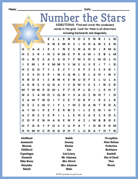 Preview of NUMBER THE STARS Novel Study Word Search Puzzle Worksheet Activity