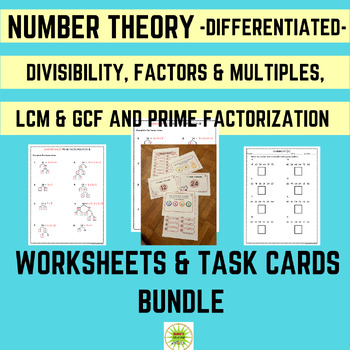 Preview of NUMBER THEORY WORKSHEETS,GCF,LCM,PRIME AND COMPOSITE TASK CARDS BUNDLE