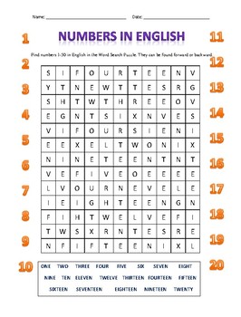 numbers 1 20 in english word search puzzle by