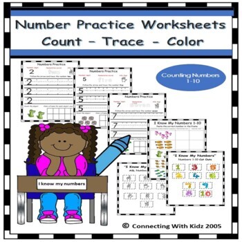 Preview of NUMBERS PRACTICE WORKSHEETS (1-10)   Numbers – Words – ASL Signs