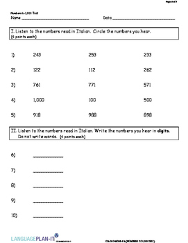 Preview of NUMBERS TO 1,000 TEST (ITALIAN)