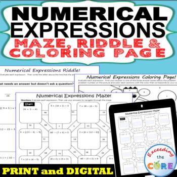Preview of NUMERICAL EXPRESSIONS Maze, Riddle, Color by Number Activities | PRINT & DIGITAL