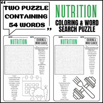 NUTRITION coloring & word search puzzle worksheets activities | TPT