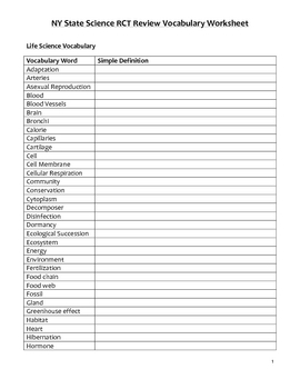 Preview of NY State Science Middle School/RCT Prep - Vocabulary Worksheets