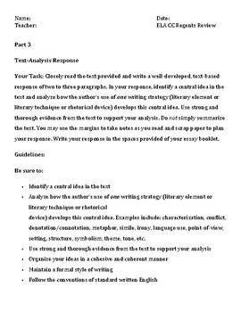 Preview of NYS CC ELA Regents Part 3 Text-Based Response Graphic Organizer & Outline