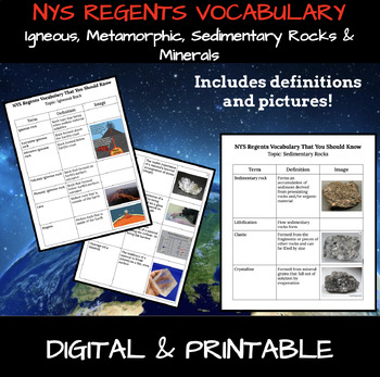 Preview of NYS Earth Science Regents Vocabulary Sheets - Rocks & Minerals