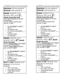 Preview of NYS New York Short Response Writing RADDS bookmark, visual aid - editable