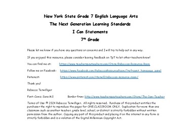 Preview of NYS Next Generation "I Can Statements" - Grade 7 - ELA - Planbook List